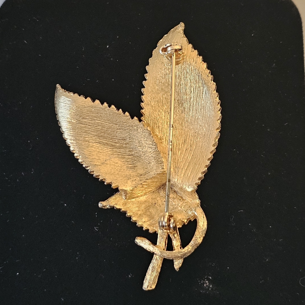 Vintage Signed BSK Gold Tone Large Double Leaf Brooch - Picture 6 of 8